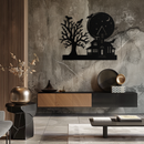 Haunted House and Bat Halloween Metal Wall Art – Spooky Full Moon Scene in Matte Black- KAF370