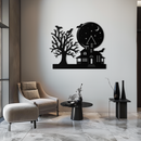 Haunted House and Bat Halloween Metal Wall Art – Spooky Full Moon Scene in Matte Black- KAF370