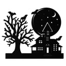 Haunted House and Bat Halloween Metal Wall Art – Spooky Full Moon Scene in Matte Black- KAF370