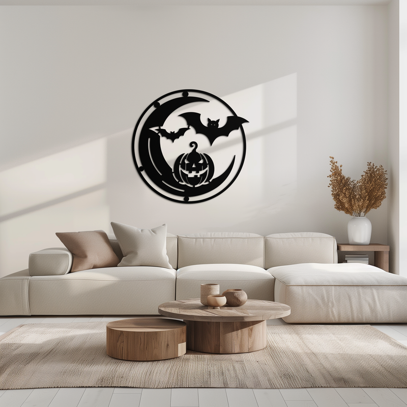 Halloween Bat Pumpkin Metal Wall Art – Spooky Jack-O'-Lantern Steel Decor- KAF371