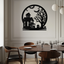 Haunted House & Bat Scene Metal Wall Art – Spooky Halloween Decor- KAF373