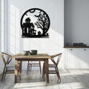 Haunted House & Bat Scene Metal Wall Art – Spooky Halloween Decor- KAF373
