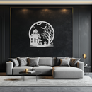 Haunted House & Bat Scene Metal Wall Art – Spooky Halloween Decor- KAF373