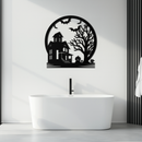 Haunted House & Bat Scene Metal Wall Art – Spooky Halloween Decor- KAF373