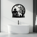 Haunted House & Bat Scene Metal Wall Art – Spooky Halloween Decor- KAF373