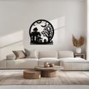Haunted House & Bat Scene Metal Wall Art – Spooky Halloween Decor- KAF373