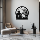 Haunted House & Bat Scene Metal Wall Art – Spooky Halloween Decor- KAF373