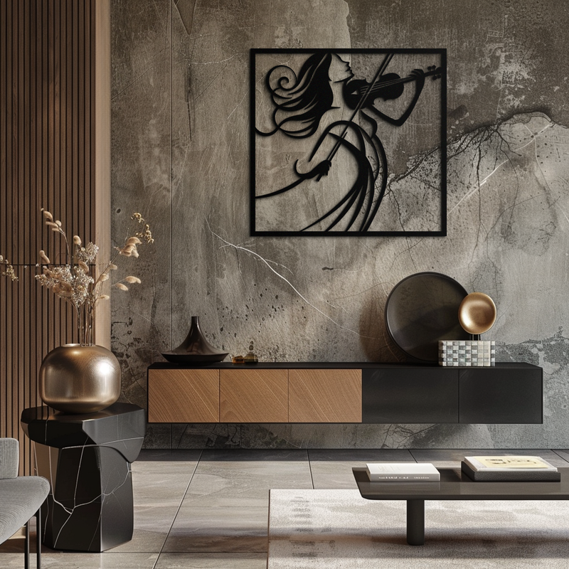 Woman Violinist Metal Wall Art – Modern Musician Silhouette Decor for Music Lovers- KAF391