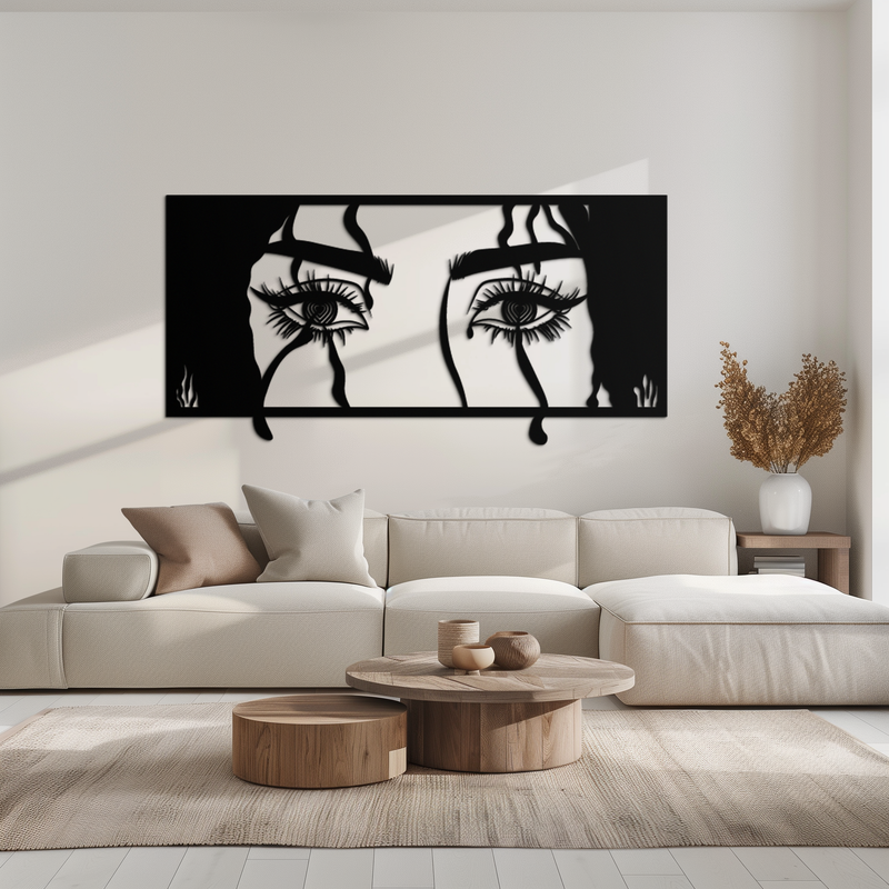 Mysterious Woman Eyes Metal Wall Art – Black Steel Feminine Silhouette Decor for Modern Stylish Interiors- KAF408