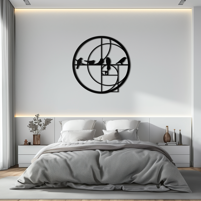 Golden Ratio Birds Metal Wall Art – Fibonacci Spiral and Birds Silhouette Black Steel Decor for Modern Interiors- KAF410