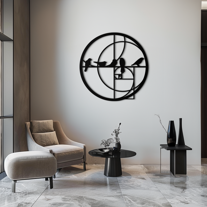 Golden Ratio Birds Metal Wall Art – Fibonacci Spiral and Birds Silhouette Black Steel Decor for Modern Interiors- KAF410