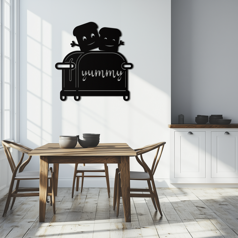 Cute Yummy Toast Metal Wall Art – Playful Kitchen Decor with Smiling Toast Characters on Toaster for Modern Home- KAF412