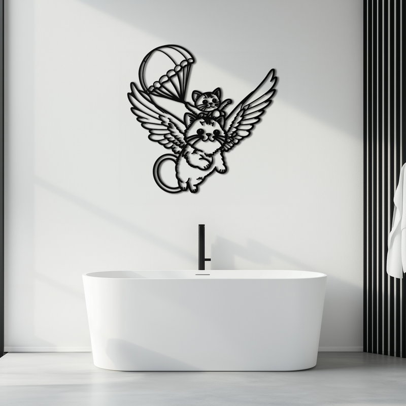 Flying Cats with Parachute Metal Wall Art – Adorable Winged Cat & Kitten Steel Decor for Kids Room and Nursery- KAF413
