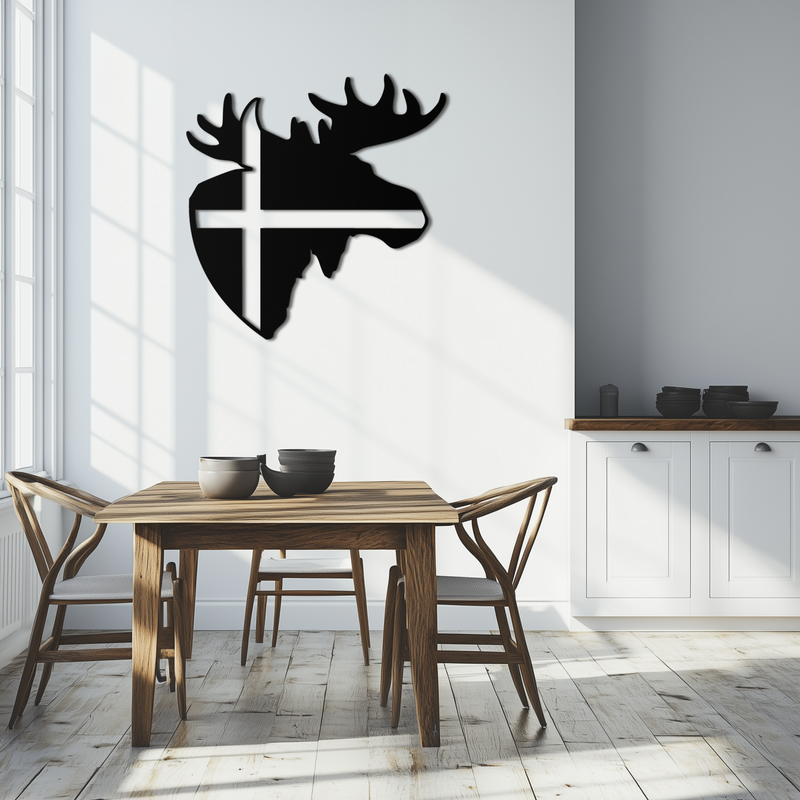 Nordic Moose Silhouette Metal Wall Art – Scandinavian Elk Head with Cross Decor for Modern Rustic Interiors- KAF415