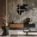 Nordic Moose Silhouette Metal Wall Art – Scandinavian Elk Head with Cross Decor for Modern Rustic Interiors- KAF415