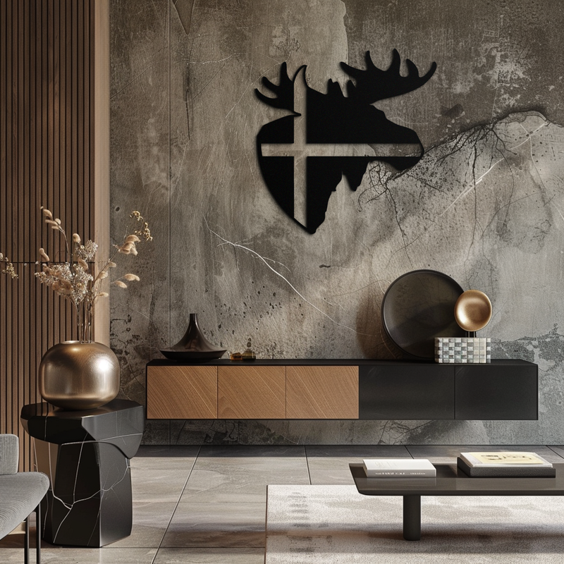 Nordic Moose Silhouette Metal Wall Art – Scandinavian Elk Head with Cross Decor for Modern Rustic Interiors- KAF415