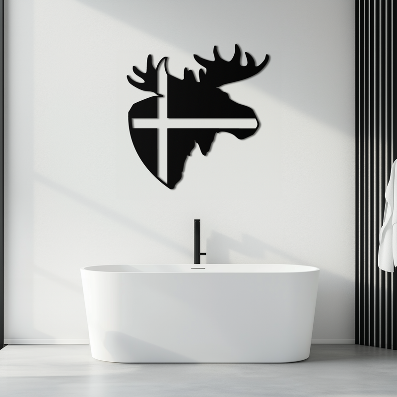 Nordic Moose Silhouette Metal Wall Art – Scandinavian Elk Head with Cross Decor for Modern Rustic Interiors- KAF415