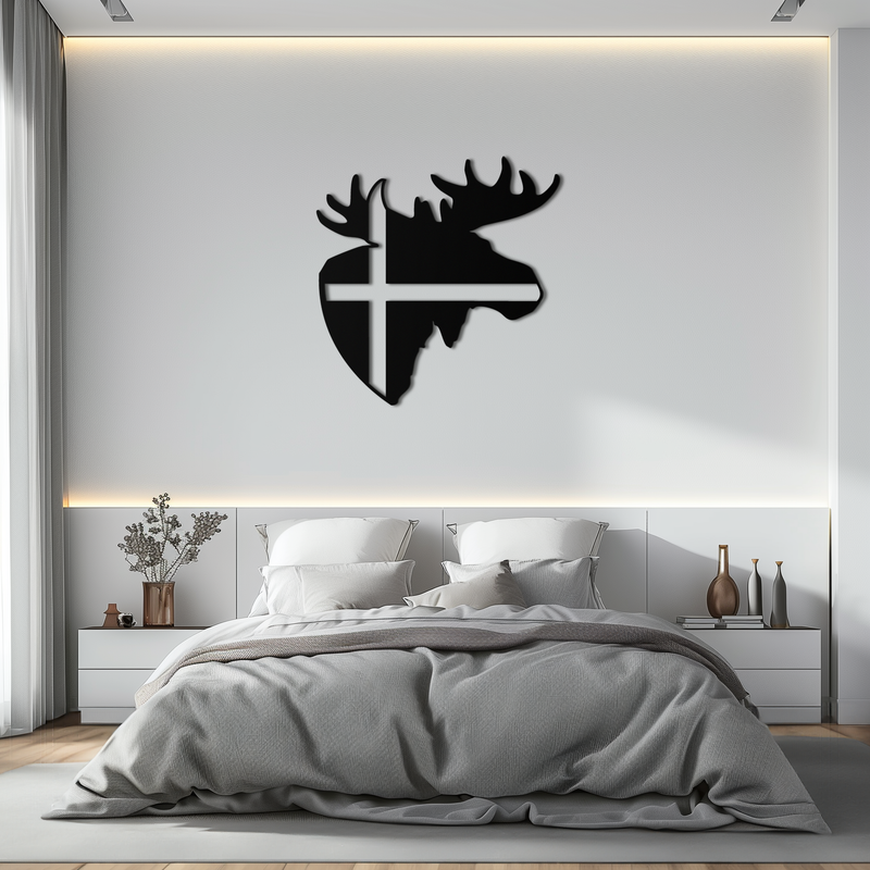 Nordic Moose Silhouette Metal Wall Art – Scandinavian Elk Head with Cross Decor for Modern Rustic Interiors- KAF415