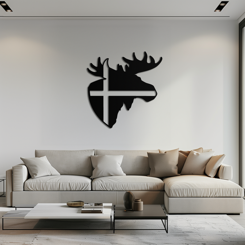 Nordic Moose Silhouette Metal Wall Art – Scandinavian Elk Head with Cross Decor for Modern Rustic Interiors- KAF415