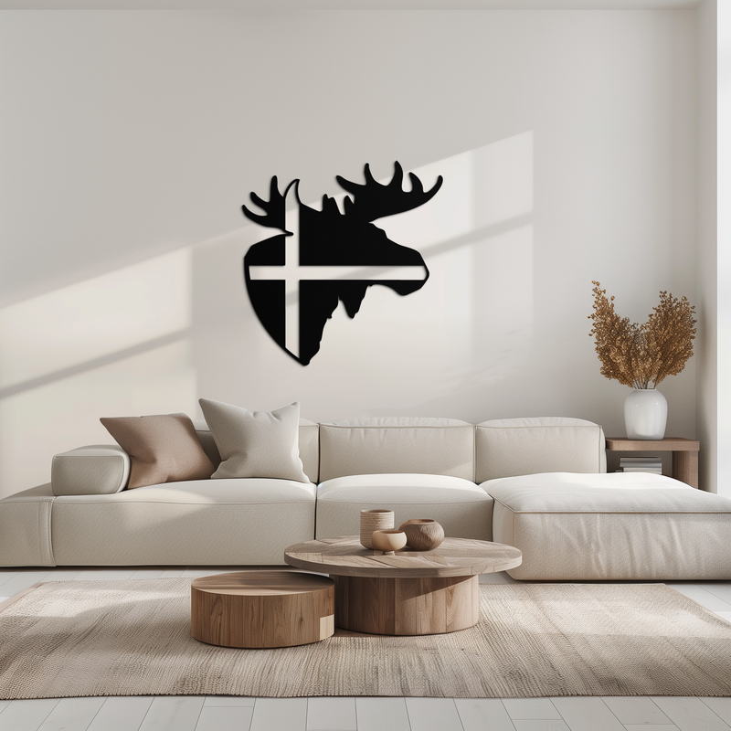 Nordic Moose Silhouette Metal Wall Art – Scandinavian Elk Head with Cross Decor for Modern Rustic Interiors- KAF415