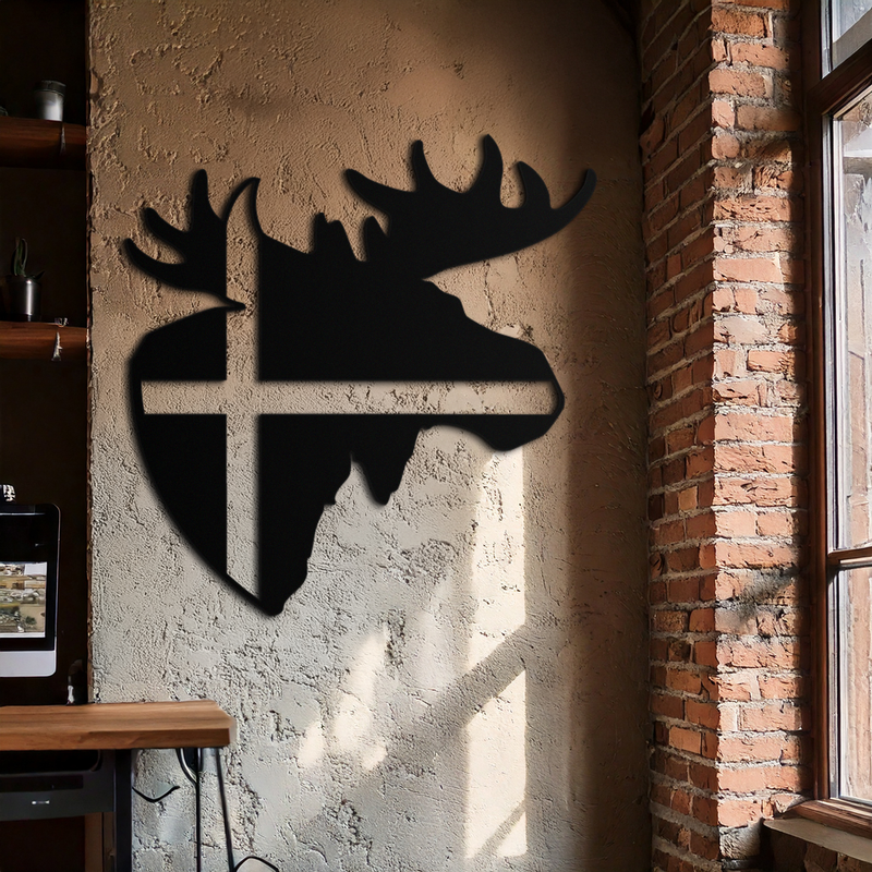 Nordic Moose Silhouette Metal Wall Art – Scandinavian Elk Head with Cross Decor for Modern Rustic Interiors- KAF415