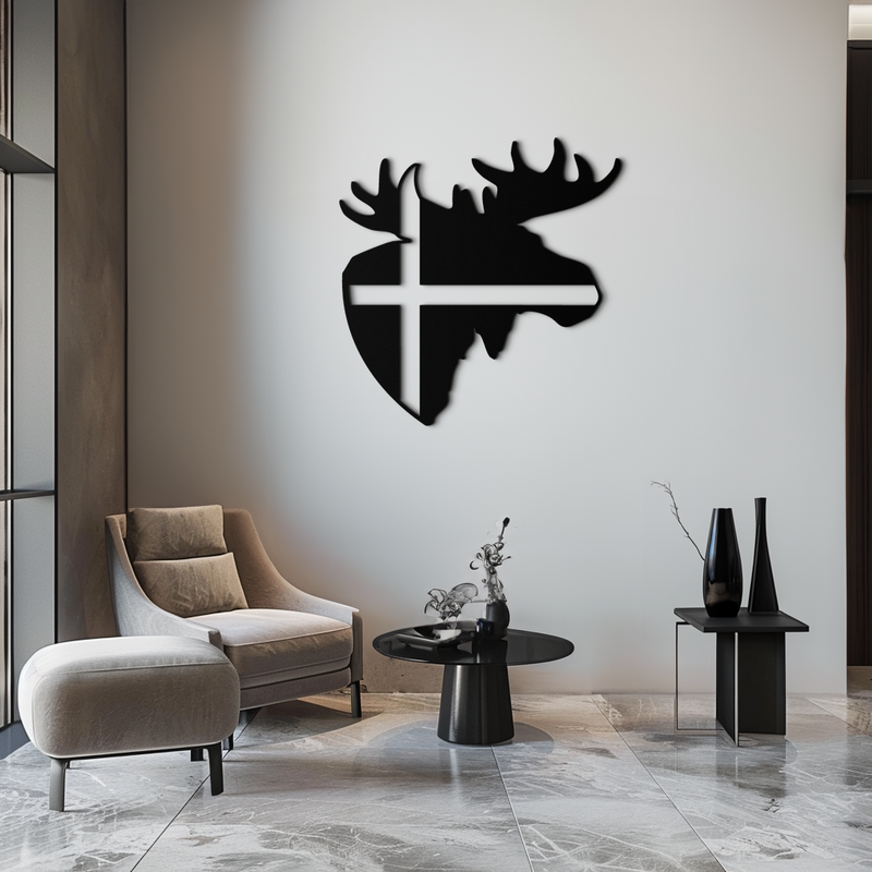 Nordic Moose Silhouette Metal Wall Art – Scandinavian Elk Head with Cross Decor for Modern Rustic Interiors- KAF415