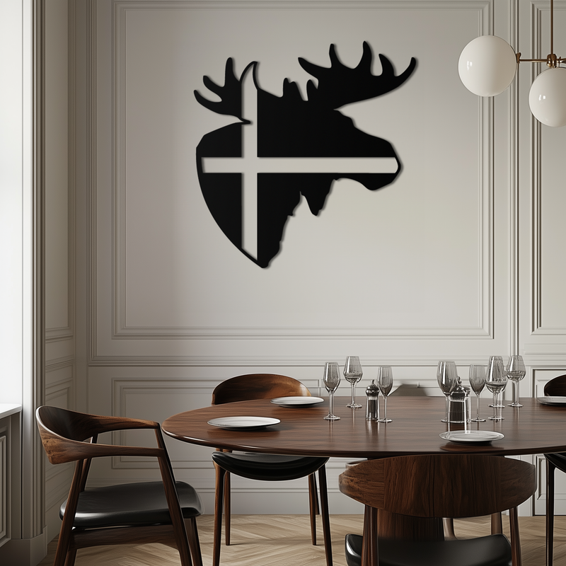 Nordic Moose Silhouette Metal Wall Art – Scandinavian Elk Head with Cross Decor for Modern Rustic Interiors- KAF415