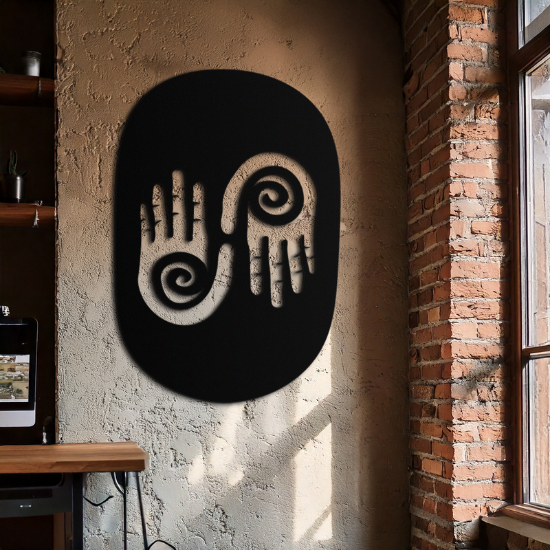 Abstract Spiral Hands Metal Wall Art – Mystical Black Steel Decor with Spiraled Palm Silhouette for Modern Interiors- KAF421