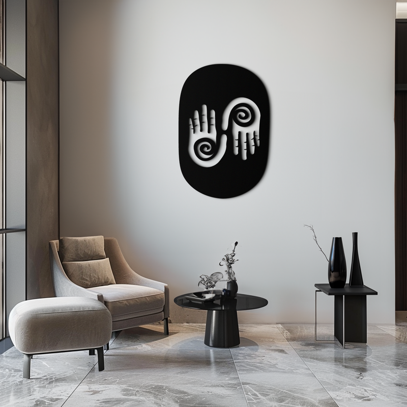 Abstract Spiral Hands Metal Wall Art – Mystical Black Steel Decor with Spiraled Palm Silhouette for Modern Interiors- KAF421