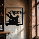 Cute Peeking Cat "Meow" Metal Wall Art – Playful Black Cat Silhouette Steel Decor for Pet Lovers and Home Interiors- KAF425