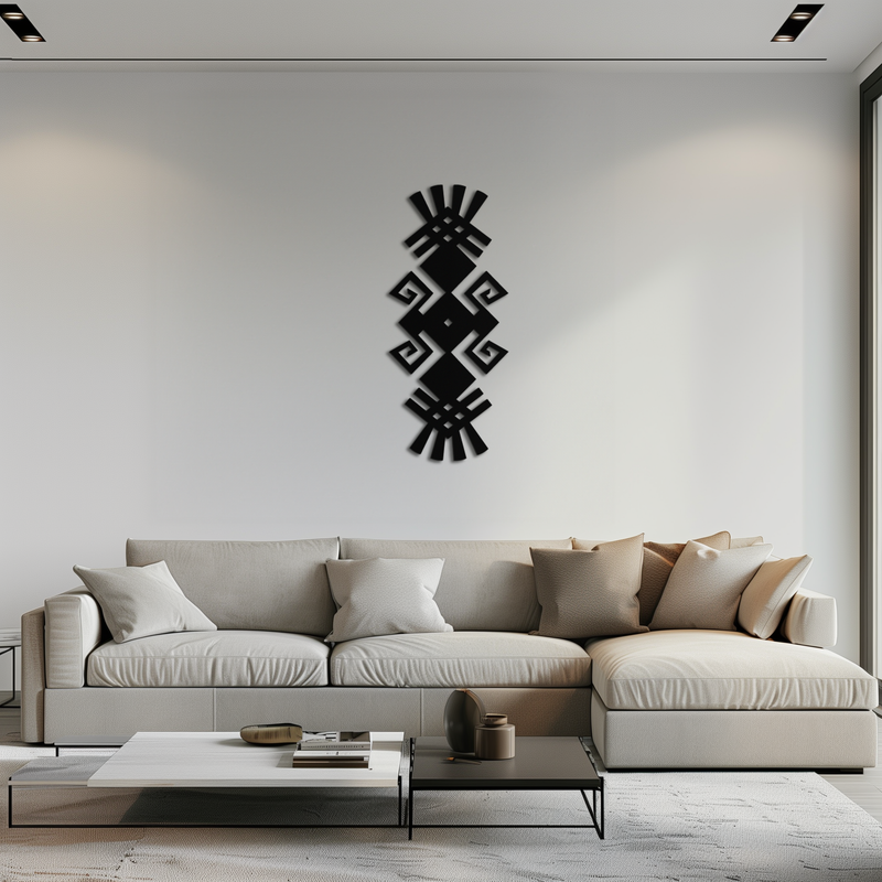 Tribal Ethnic Pattern Metal Wall Art – Abstract Geometric Black Steel Decor for Modern Bohemian Interiors- KAF432