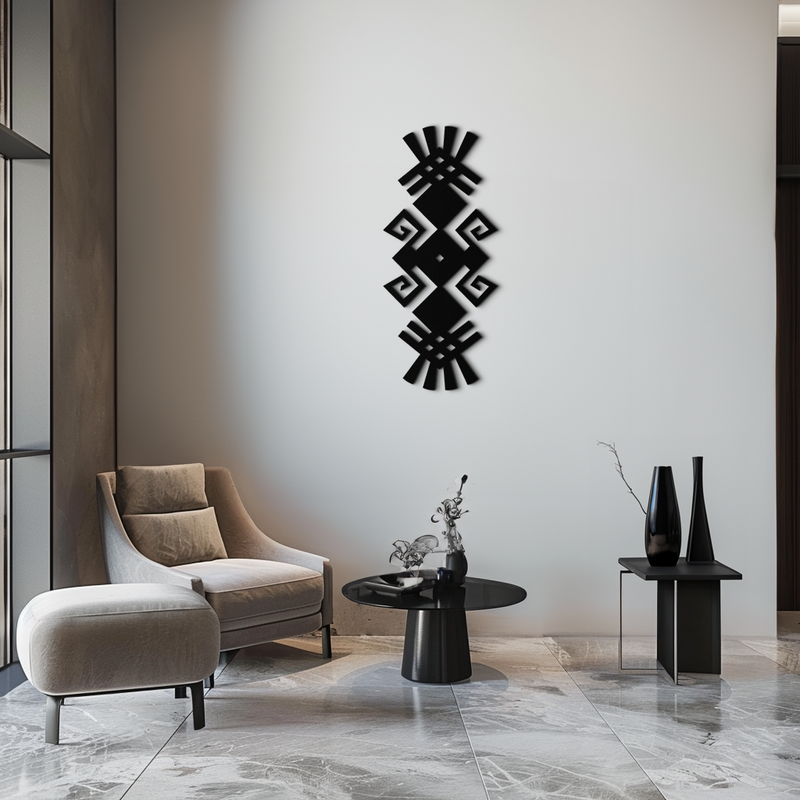 Tribal Ethnic Pattern Metal Wall Art – Abstract Geometric Black Steel Decor for Modern Bohemian Interiors- KAF432