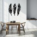 Geometric Feather Trio Metal Wall Art – Abstract Minimalist Black Steel Feather Set for Modern Bohemian Interiors- KAF434