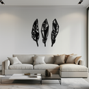 Geometric Feather Trio Metal Wall Art – Abstract Minimalist Black Steel Feather Set for Modern Bohemian Interiors- KAF434