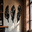 Geometric Feather Trio Metal Wall Art – Abstract Minimalist Black Steel Feather Set for Modern Bohemian Interiors- KAF434