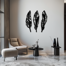 Geometric Feather Trio Metal Wall Art – Abstract Minimalist Black Steel Feather Set for Modern Bohemian Interiors- KAF434