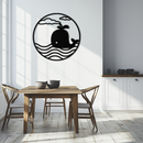 Cute Whale Ocean Scene Metal Wall Art – Playful Circular Black Steel Decor for Kids Rooms, Nurseries, and Coastal Interiors- KAF443