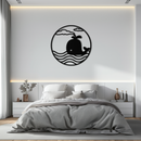 Cute Whale Ocean Scene Metal Wall Art – Playful Circular Black Steel Decor for Kids Rooms, Nurseries, and Coastal Interiors- KAF443