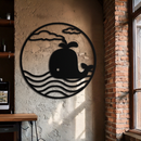 Cute Whale Ocean Scene Metal Wall Art – Playful Circular Black Steel Decor for Kids Rooms, Nurseries, and Coastal Interiors- KAF443