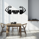 Personalized Fitness Barbell Metal Wall Art – Custom Text Muscular Arms Black Steel Decor for Gym and Workout Spaces- KAF448