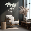 Modern Woman Face with Sunglasses Metal Wall Art – Abstract Reflective Scene Black Steel Decor for Contemporary Interiors- KAF460