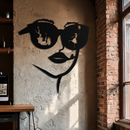 Modern Woman Face with Sunglasses Metal Wall Art – Abstract Reflective Scene Black Steel Decor for Contemporary Interiors- KAF460