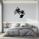 Summer Time Beach Scene Metal Wall Art – Tropical Ocean Waves and Palm Tree Black Steel Decor for Coastal Interiors- KAF461
