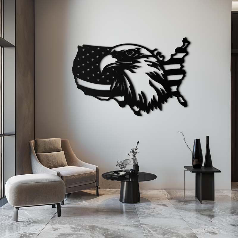 American Flag Eagle Silhouette Metal Wall Art – Patriotic USA Decor for Home & Office- KAF497