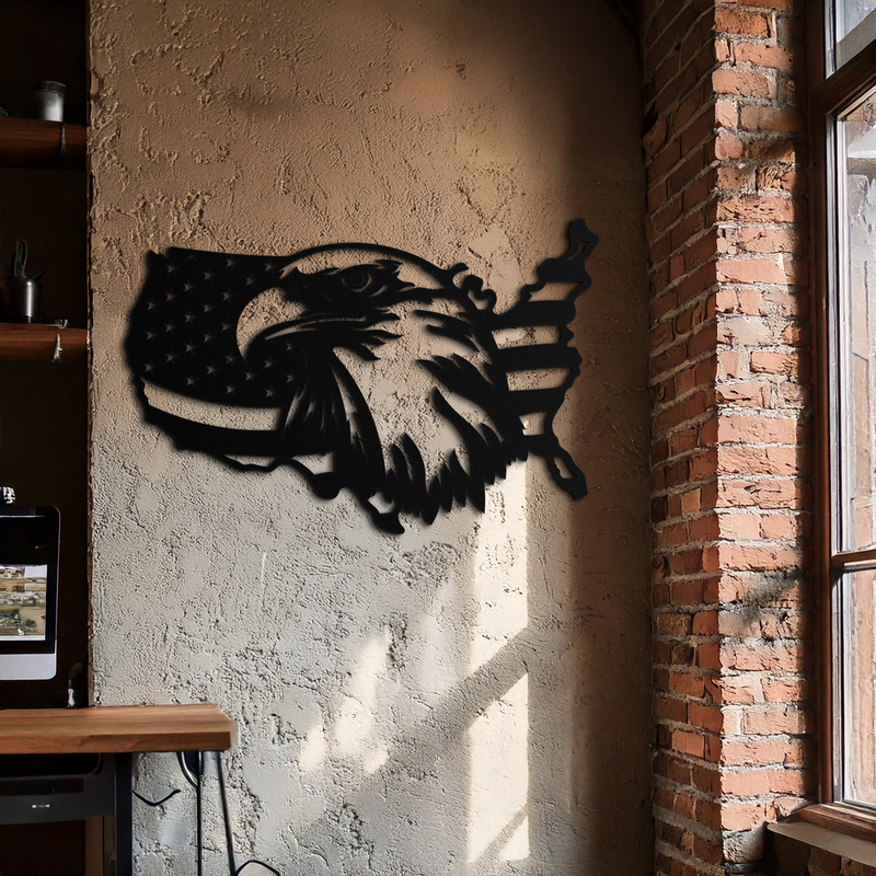 American Flag Eagle Silhouette Metal Wall Art – Patriotic USA Decor for Home & Office- KAF497
