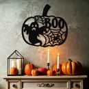 Halloween Pumpkin Ghost Metal Wall Art – Spooky Black Steel Holiday Decoration- KAF501