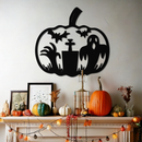 Halloween Ghost Pumpkin Metal Wall Art – Black Steel Spooky Holiday Decoration- KAF503