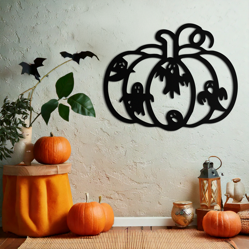 Halloween Pumpkin and Ghosts Metal Wall Art – Spooky Black Steel Decoration- KAF505