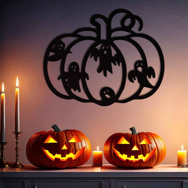 Halloween Pumpkin and Ghosts Metal Wall Art – Spooky Black Steel Decoration- KAF505