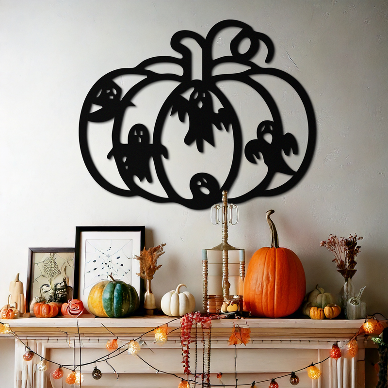 Halloween Pumpkin and Ghosts Metal Wall Art – Spooky Black Steel Decoration- KAF505